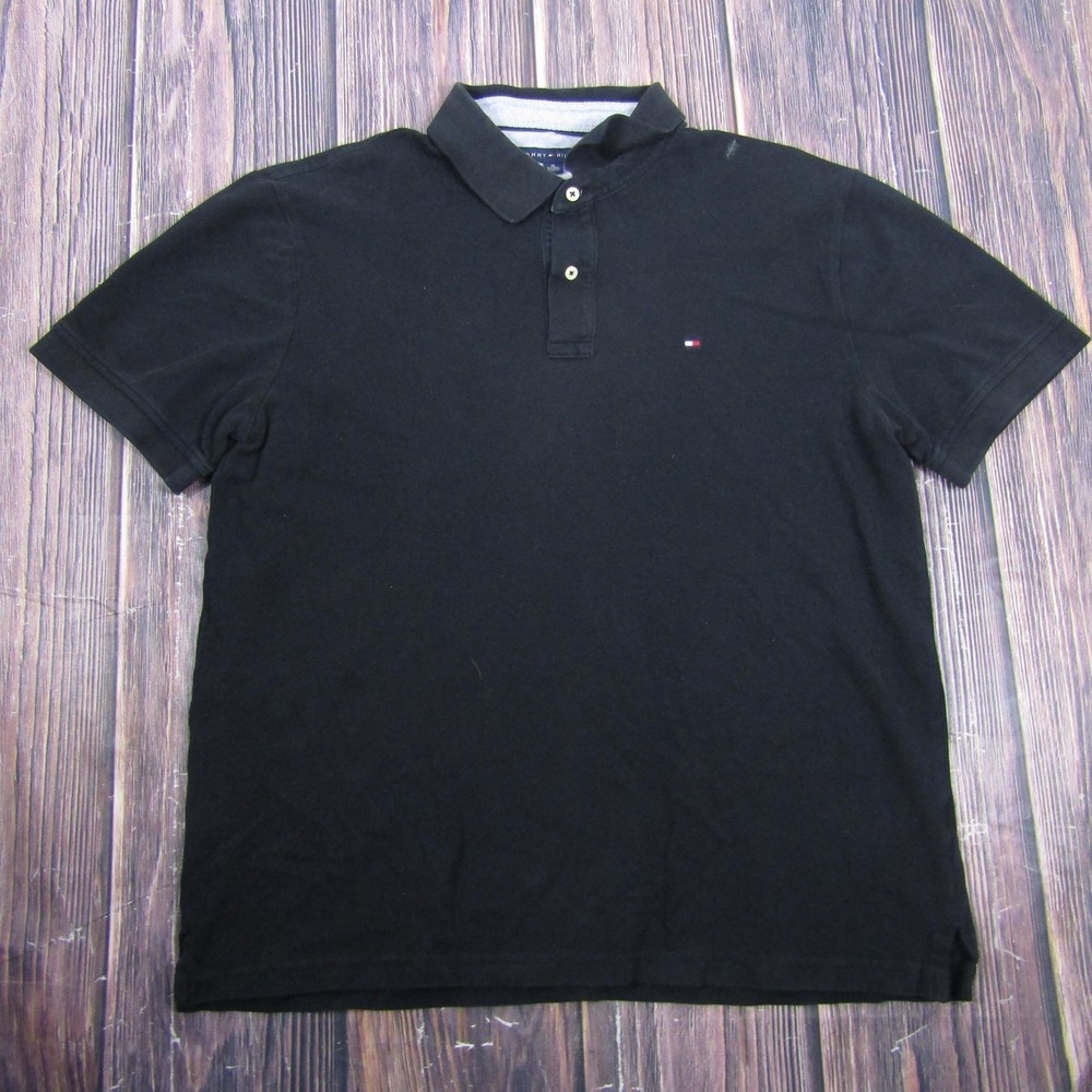 Tommy Hilfiger Polo Shirt Mens XL Black Solid Cotton Knit Flag Logo Casual